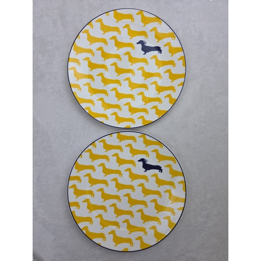 Set of 2 Lenox Kate Spade Navy & Yellow WICKFORD Dachshund Dog Lunch Plates 9"